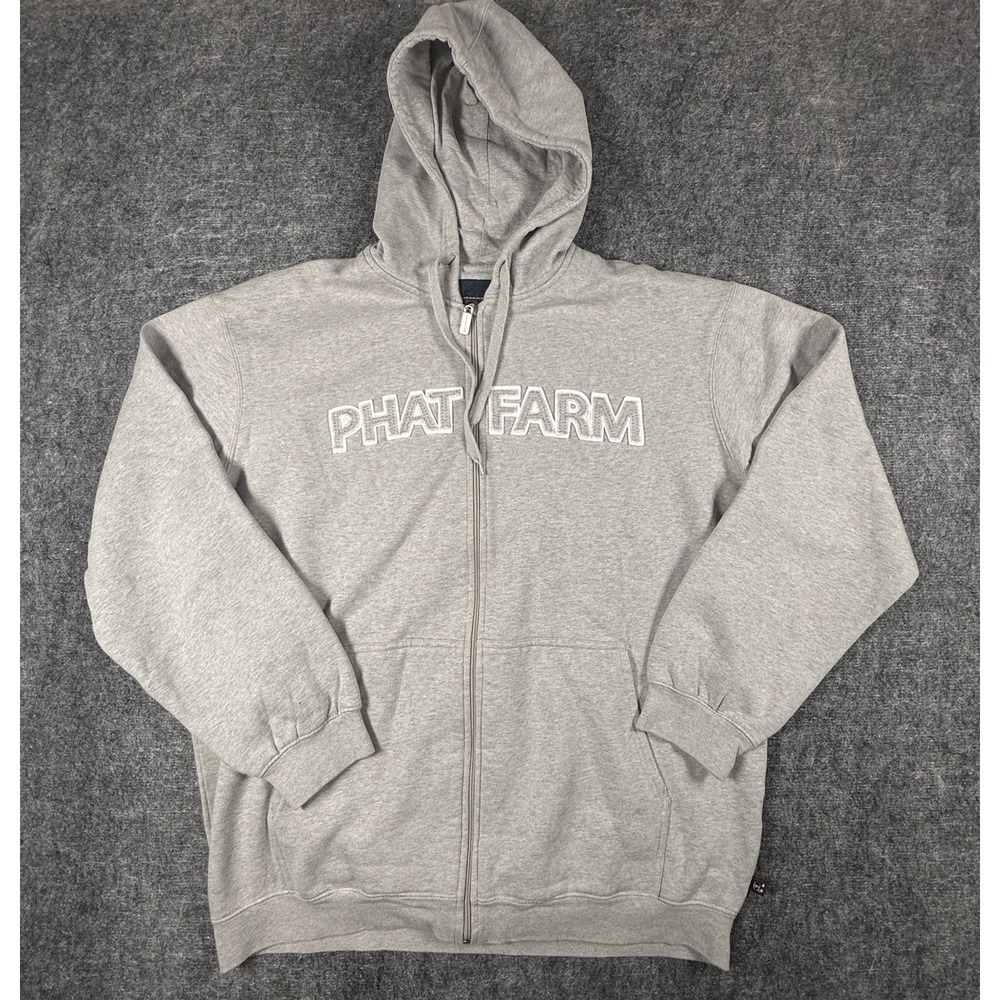Vintage Phat Farm Hoodie Mens 2XL Gray Full Zip Embroidered Logo Y2K Hip Hop